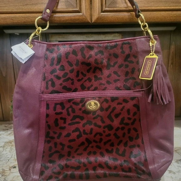 NWT Coach Burgundy Leopard Haircalf Leather Turnlock Large Hobo Shoulder Purse - Picture 10 of 13